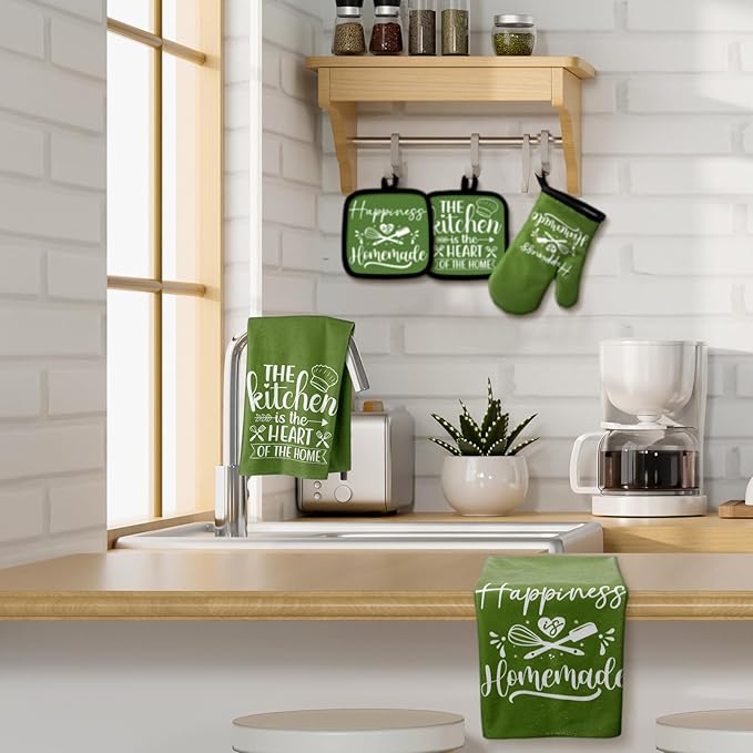 Sratte 6 Pcs Kitchen Decor Accessories Set Farmhouse Towels Pot Holders Oven Mitts Set 2 Dish Towels 2 Potholders 2 Cooking Mittens Oven Glove for Christmas Baking Cooking(Avocado Green,Kitchen)