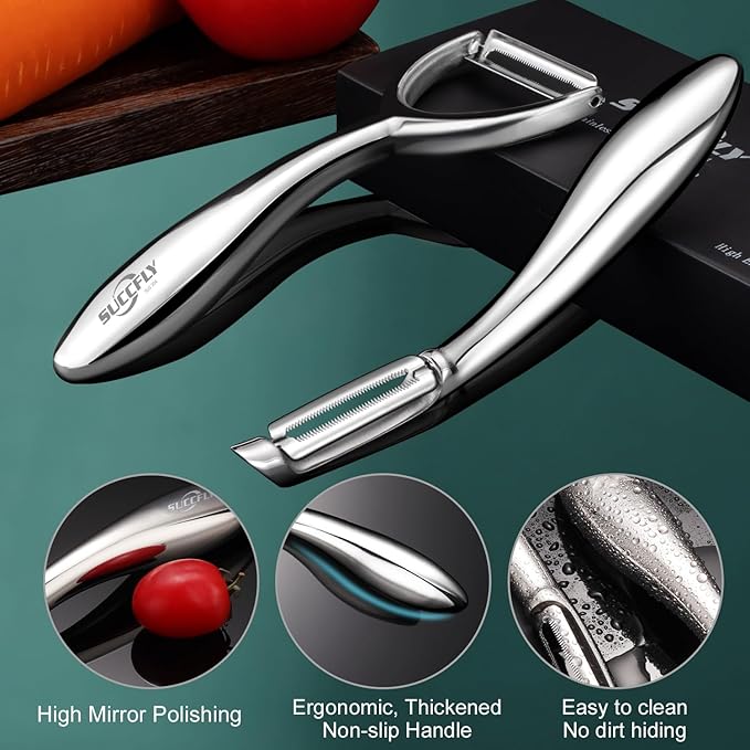 SUCCFLY Vegetable Peeler Stainless Steel，Ultra Sharp Potato Peelers for Kitchen, Premium Veggie Fruit Peeler, Carrot Peeler, Rotary Serrated Blade, Thickened Non-Slip Ergonomic Handle(5-year warranty)