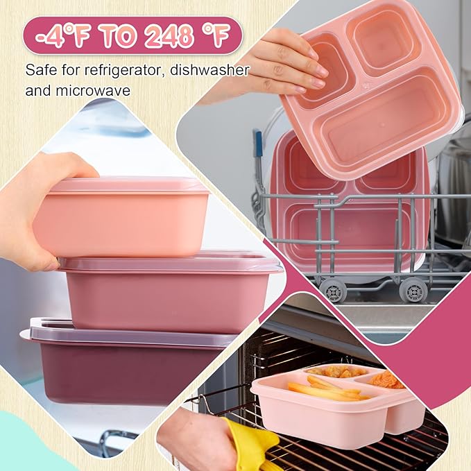 Honeydak 5 Pack Snack Containers 3 Compartment Bento Snack Boxes Divided Meal Prep Containers with Lids Reusable Adults Lunch Food Storage Box for School Work Travel(Pink Brown)