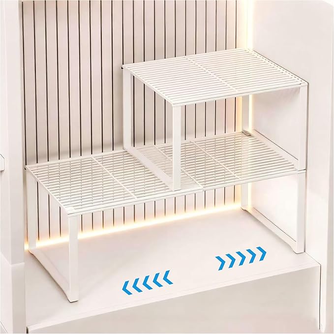 Extendable Metal Wire Shelf Organizer - Adjustable 15-24.4in Length, Stackable Storage Rack for Kitchen/Pantry/Bathroom/Shoe Cabinet/Tool Closet (2, White)