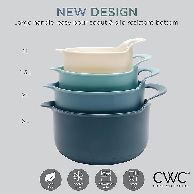 COOK WITH COLOR Nesting Plastic Mixing Bowl Set with Pour Spouts and Handles, Blue, 4 Piece