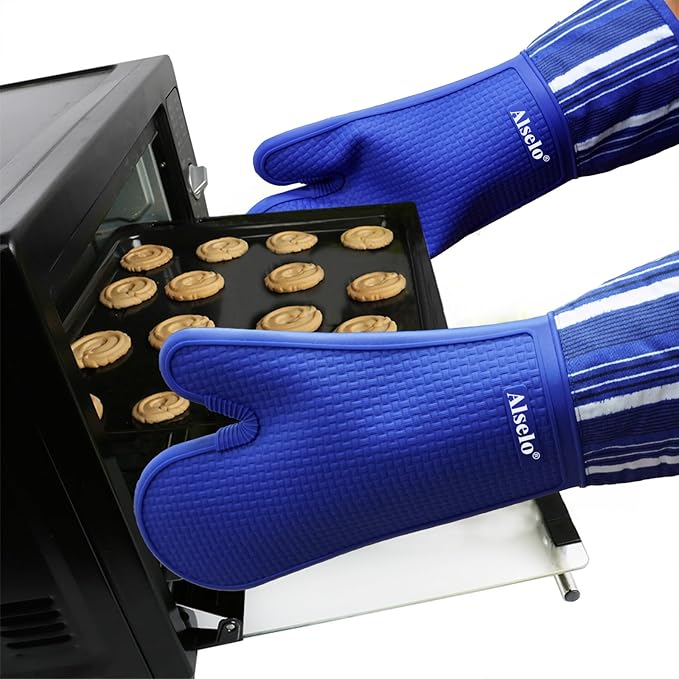 Alselo Oven Mitts Heat Resistant Silicone Kitchen Gloves for 550 Degrees with Waterproof and Non-Silp, Oven Gloves for Baking Cooking Barbecue Microwave Machine Washable (Extra Long Navy, 2)
