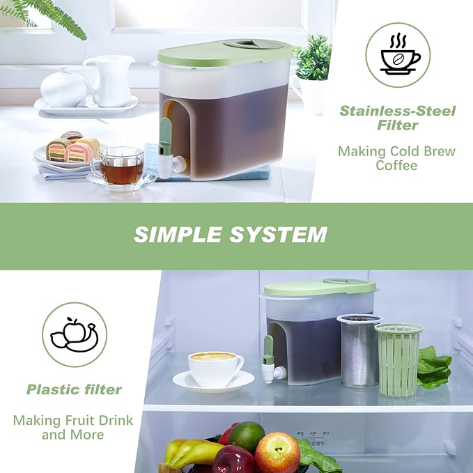 Gerrii 2 Pcs Cold Brew Maker, 1 Gallon Plastic Beverage Dispenser with 2 Filters, Drink Dispenser for Fridge, Cold Brew Pitcher with Spigot, Container for Juice, Water, Tea(Green, Yellow)