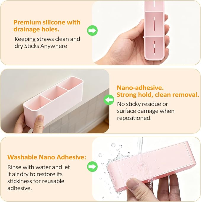 MoodLife 2-Pack Silicone Straw Holder for Cabinet Door,Reusable Adhesive Container for Kitchen Storage Solutions, Cupboard Organizer and Space Saving Hacks (Pink)