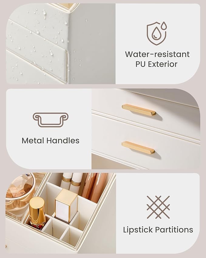 Lolalet Makeup Organizer for Vanity Desk, 3-Layer PU Leather Luxury Make Up Storage Cosmetics Holder Box with Drawers -Cream