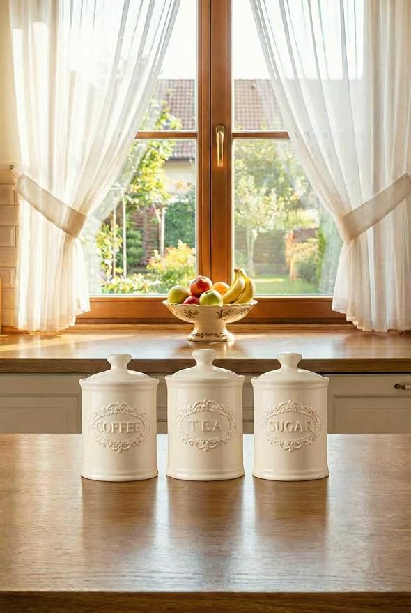 Relief Vine Ceramic Canisters Sets For The Kitchen For Countertop Set of 3 Airtight Coffee Canisters For Ground Coffee Sugar Container Storage Jars With Lids Farmhouse Decor Tea caddies