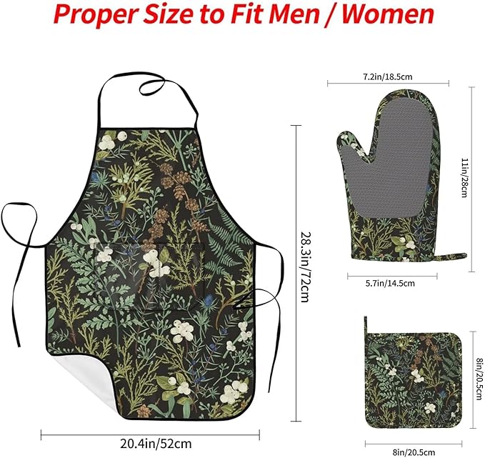 Botanical Print Floral Oven Mitts Pot Holders Farmhouse Cooking Apron Set of 5 Silicone Black Sage Green Botanical Print Kitchen Glove Apron Non-Slip Heat Resistant for Chef Baking Cooking