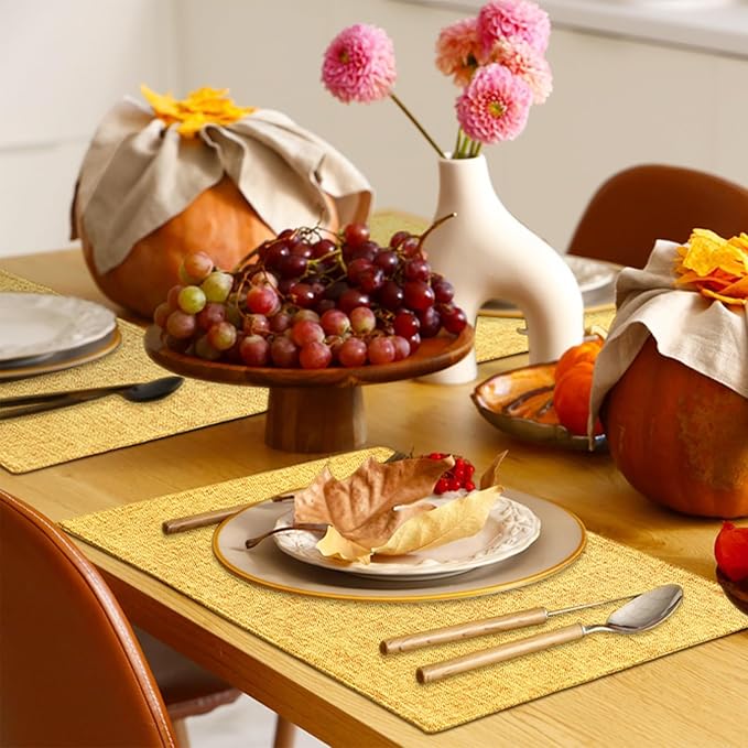 Homaxy Cloths Placemats for Dining Table Set of 4, Heat Resistant Washable Cotton Linen Blend Table Mats, Place Mats for Indoor Outdoor Party Kitchen Decoration, 13" x 19", Mustard Yellow