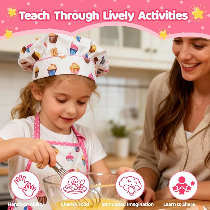 11 PCS Kids Baking Set for Girls, Chef Costume with Adjustable Apron & Hat, Pretend Play Kitchen Toys for Toddlers 3-8, Birthday Xmas Gifts for Little Chefs