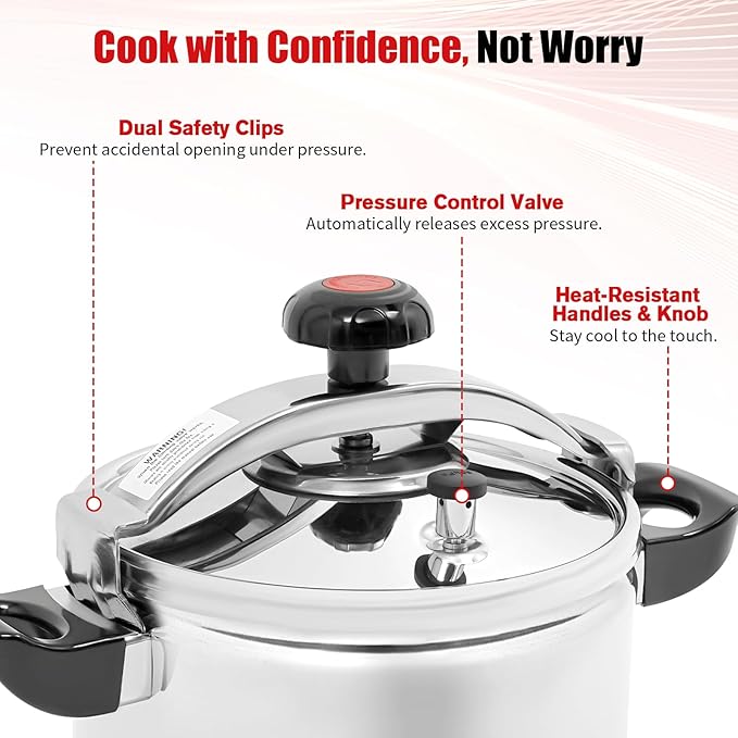 9.5 Qt Pressure Cooker, Stainless Steel Large Capacity Pressure Canner with Double Valves, Clamp On Type Commercial Pressure Stewing Pot for Hotels, Restaurants, Family (9.51 Qt)