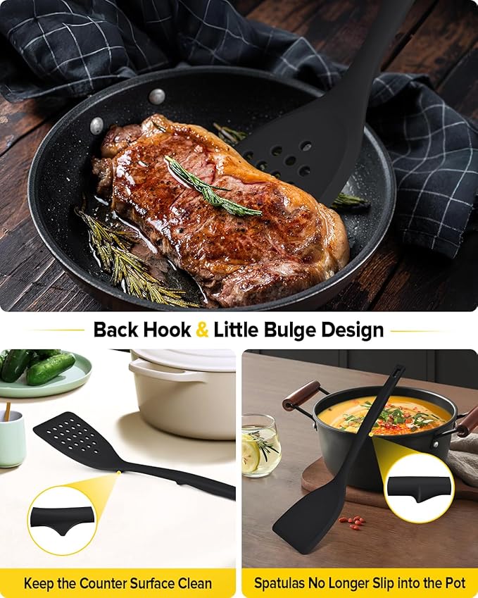 Pack of 2 Silicone Spatula Turner, Non Stick Kitchen Spatulas Set with Back Hooks, Heat Resistant BPA Free Kitchen Utensils, Suitable for Flipping Fish, Eggs, Steak, Pancakes(BLACK)