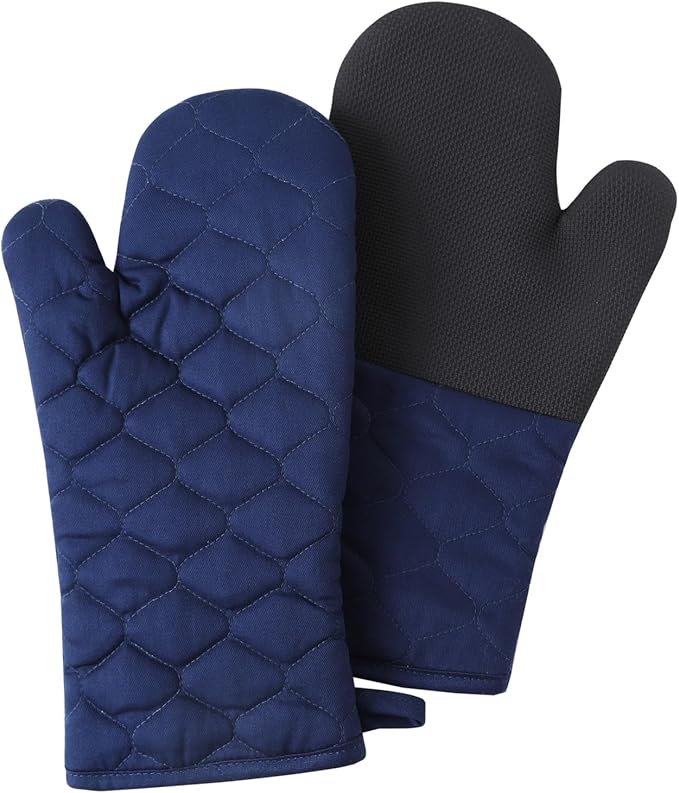 Glynniss Heat Resistant Oven Mitts, 2 Pcs of Silicone Oven Mits, Non-Slip Grip Surfaces Kitchen Gloves for Cooking, Machine Washable with Hanging Loops Oven Gloves (7x13 inches, Blue)