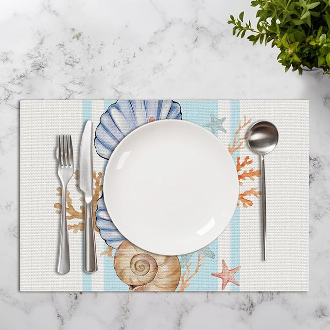 Sea Shell Starfish Beach Placemats Set of 4, 12x18 Inch Seasonal Spring Summer Ocean Coastal Washable Linen Nautical Table Mats for Indoor Outdoor Party Kitchen Dining Decoration, Shell Place Mats