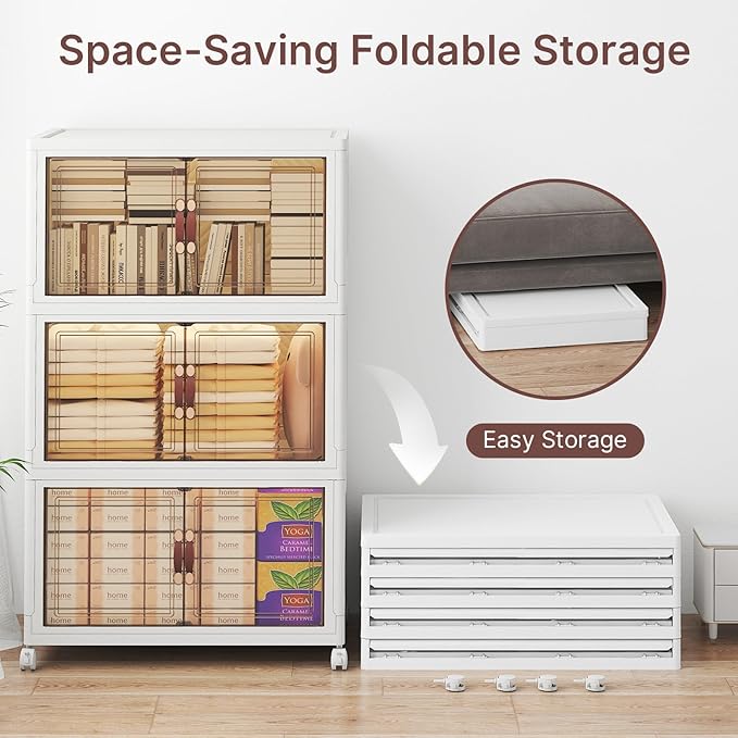 UAMFURI Stackable Storage Bins with Lids, 720QT Closet Organizers, Lockable Storage Cabinet, Foldable Storage Box with Doors and Wheels, Plastic Drawers for Home, Garage, Office (6, White, Large)