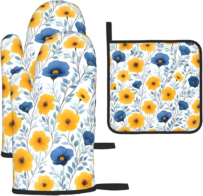 Yellow Blue Floral Oven Mitts & Pot Holders Sets of 3, Boho Blue and Yellow Flowers Heat Resistant Kitchen Hot Pads and Mitts for Cooking Baking Grilling, Gift for Floral - Loving Women, Home Decor