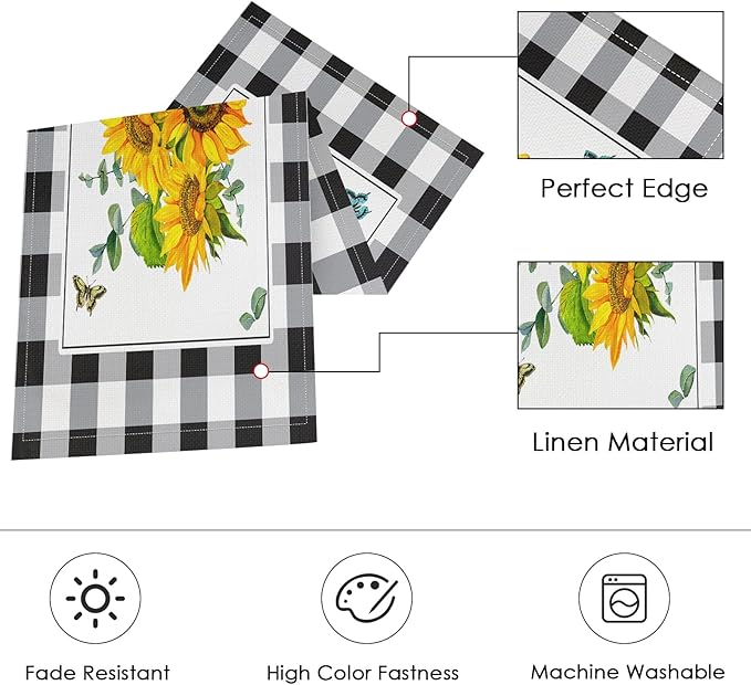 ArtSocket Sunflower Table Runner and Placemats Set of 6, Black White Buffalo Plaid Floral Flower Dining Decor for Daily Use(1 Table Runner 72 inches Long and 6 Placemats)