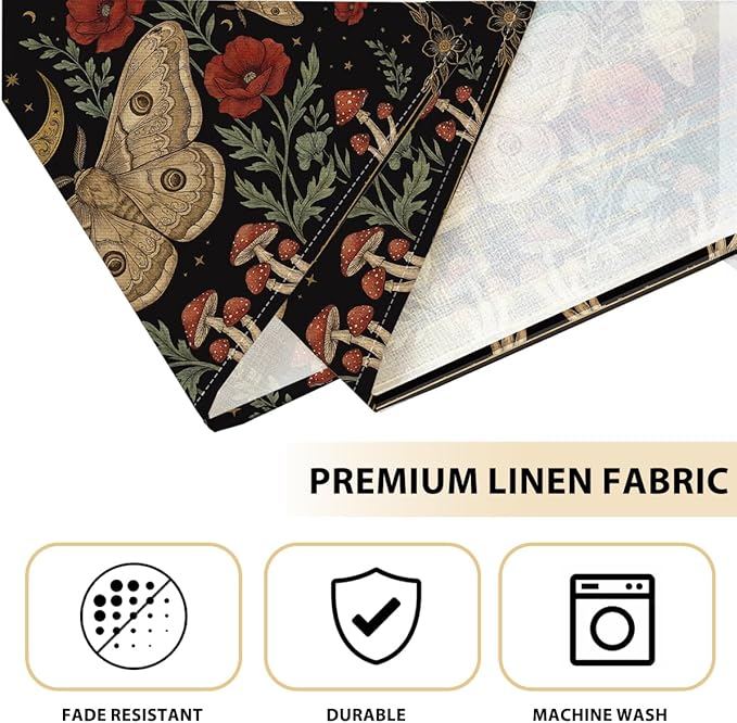 Black Poppy Moth Moon Placemats Set of 4, Floral Spring Table Mats for Outdoor Home Party Kitchen Dining Decor, Washable Non-Slip Heat Resistant Place Mats,Gothic Gifts for Women Mom Friend 12x18 Inch