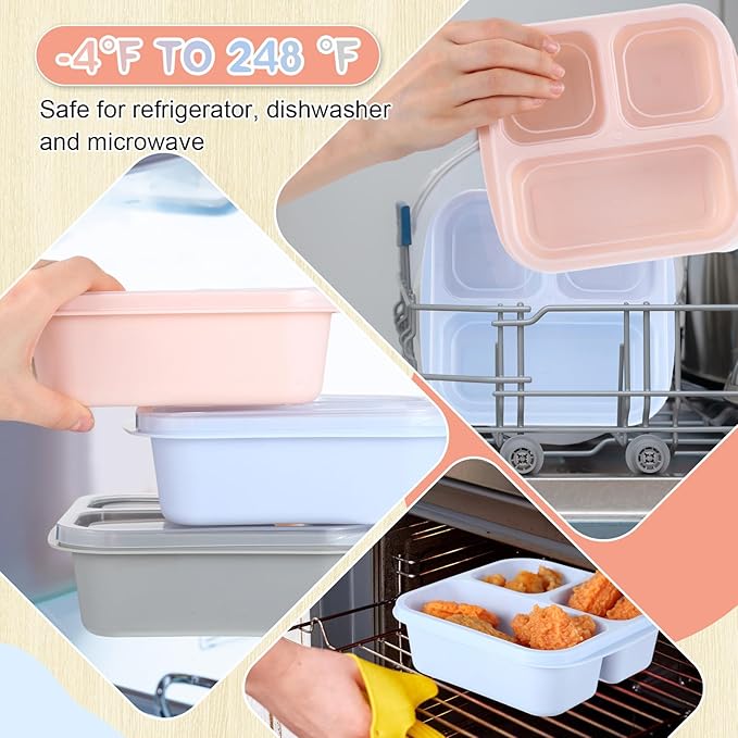 Honeydak 5 Pack Snack Containers 3 Compartment Bento Snack Boxes Divided Meal Prep Containers with Lids Reusable Adults Lunch Food Storage Box for School Work Travel(Morandi Color)