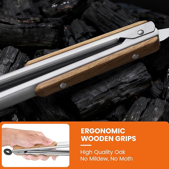 12-Inch Stainless Steel Kitchen Tongs for Cooking,Locking Metal Tongs with Oak Wood Handles,Cooking Tongs for Grilling,BBQ,Serving and Outdoor Barbecue,Heavy Duty,Heat-Resistant and Durable