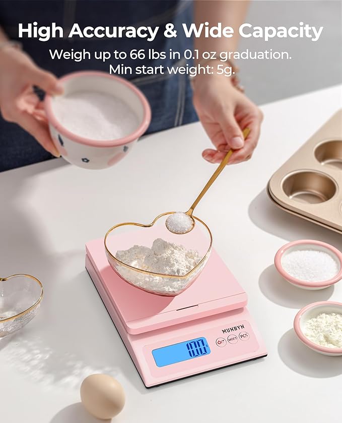MUNBYN Shipping Scale, Accurate 66lb/0.1oz Postal Scale with Sweet Pink Style, Hold/Tear/PCS Function, Auto-Off, Battery & AC Adapter, Back-Lit LCD Display, Digital Scale for Packages and Food Pink