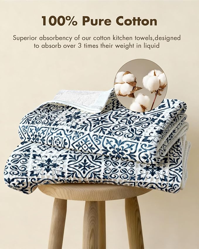 Miss Adola Cotton Waffle Kitchen Towels – Cute 370 GSM 16x25 Inch Terry Cloth Waffle Decorative Dishcloth for Kitchen Set of 2 with Hanging Loop Absorbent Hand Tea Towel for Home Design, Block Print