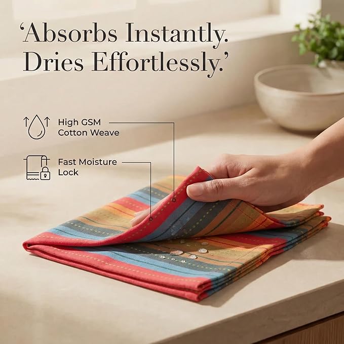 Urban Villa Cloth Napkins Cuisine Stripes 100% Cotton Absorbent Dinner Napkins Set of 12 (20x20) Soft Durable Washable Reusable Napkins for Hotel Lunch Restaurant Lunch Everyday Use - Red Multi