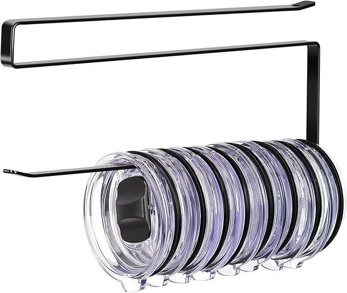 Tumbler Lid Organizer, Horizontal Tumbler Lid Storage Hook Up to 10 Lids, Space Saving Cup Lid Holders Under Cabinet Tumbler Lid Hook for Kitchen Organizer and Storage,Hanging Paper Towel Rack Hanger