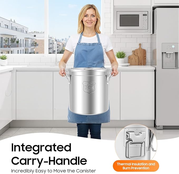 12.7Gal Stainless Steel Canister with Airtight Lid 58-73Lbs Flour Storage Containers for Kitchen Metal Rice Bucket Coffee Canister Dog Food Container Milk Can w/Handles&Sealing Buckles (48L)