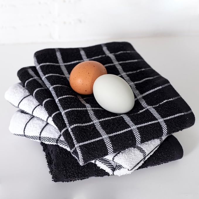 Ritz Premium 100% Cotton Terry Check Kitchen Dish Towels - Highly Absorbent, Super Soft, Long-Lasting, 25"x15", 3-Pack, Black
