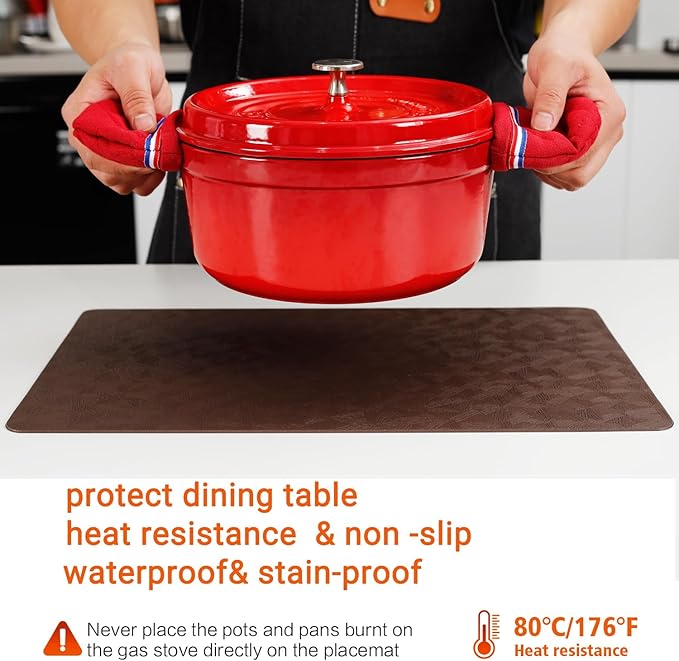 Vinyl Placemats Set of 6 Heat Resistant Easy Clean Non-Slip Place Mats for Dining Table Faux Leather Waterproof Stain Resistant Wipeable Washable PVC Table Mats(6, Brown)