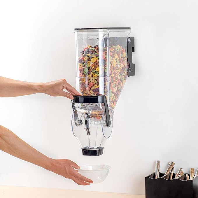 Restaurantware Cereal Dispenser 3.5 gal Plastic Wall-Mounted Gravity Bin Candy Dispenser Self-Serve Black Dry Food with Wall Mount Brackets for Breakfast Buffet or Hotel Use