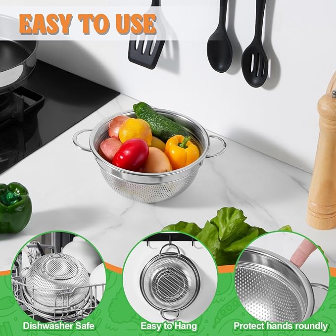 P&P CHEF Colander Strainer Stainless Steel 3 Quart, Metal Micro-Perforated Colander for Kitchen Food, Ideal for Rinsing Washing Draining, Dishwasher Safe, Shiny Silver, 1PC