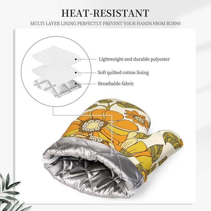 Retro 70s Style Flower Oven Mitts Pot Holders Cooking Apron Set of 5 Silicone Kitchen Glove Apron Non-Slip Heat Resistant for Chef Baking Cooking Grilling BBQ