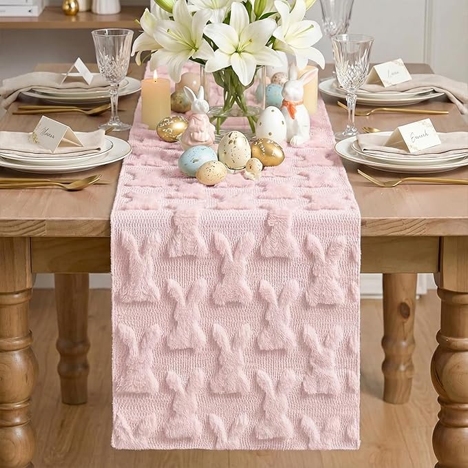 Artoid Mode Pink Soft Plush Faux Fur Jacquard Bunny Rabbit Easter Table Runner, Seasonal Kitchen Dining Table Decoration for Home Party Decor 13x48 Inch