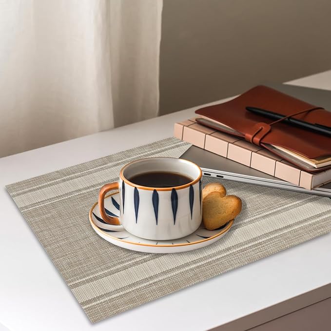 Beige Linen Placemats Set of 4, Classic Rectangle Table Mats, Linen Fabric Placemat for Indoor & Outdoor Kitchen Dining Home Decor, 12 x 18 Inch -06