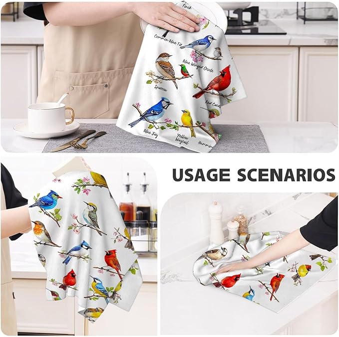 Birds on Branch Kitchen Towels Decorative Set of 4, Absorbent Cardinal Hummingbird Dish Towels for Cooking Baking, Bird Gifts for Bird Lovers Women, Hand & Tea Towel for Kitchen Bar Christmas Decor