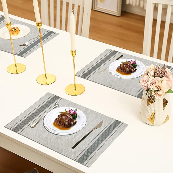 DACHUI Placemats Set of 6, Soft & Elegant Woven Vinyl Place Mats, Water Resistant, Heat Resistant, Washable, Durable Table Mats (Grey Stripes)