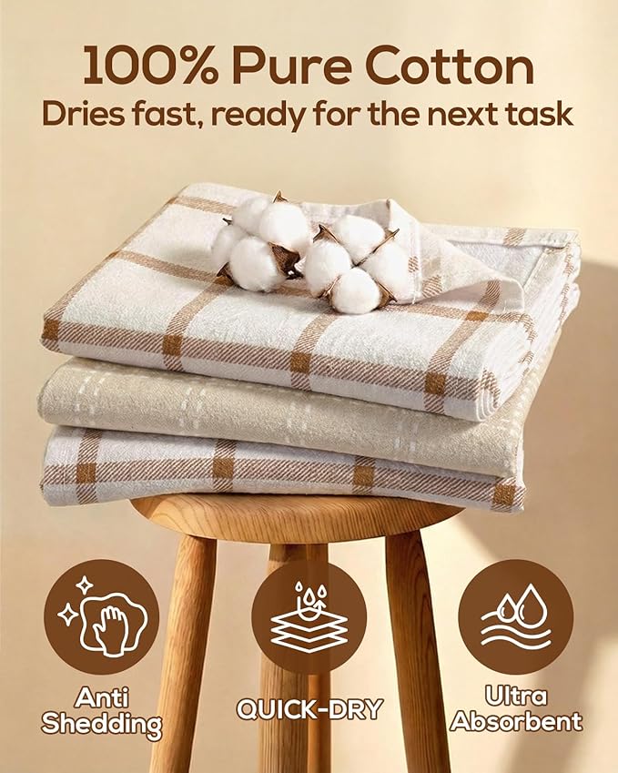 Miss Adola Neutral Flour Sack Kitchen Towels - 3 Pack 18"x 26" Cotton Farmhouse Fast Drying Decorative Hand Tea Towel Dishcloth with Hanging Loop for Home Decor Housewarming Gift, Checkered
