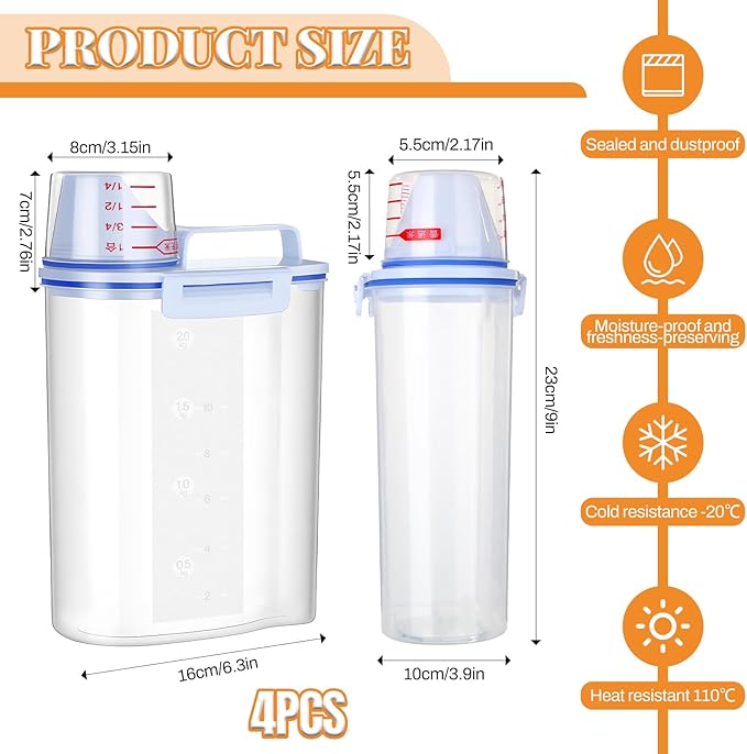 SHENLIU 4 Pcs 5.5Lbs Rice Dispenser Storage Containers, Rice Container with Measuring Cup & Pour Spout, Kitchen Plastic Airtight Container for Cereal, Grain, Flour, Sugar, Oatmeal, Dry Pet Dog Food