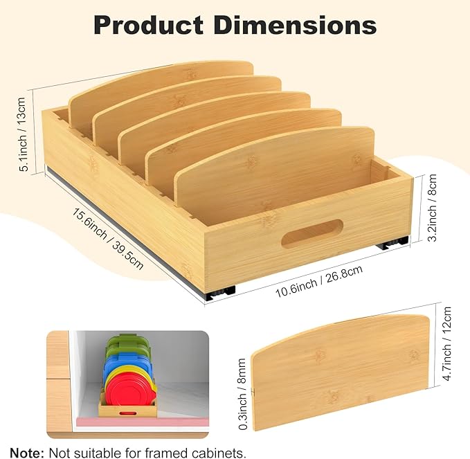 Housolution Pull Out Food Container Lid Organizer with Sliding Rail, Slide Out Plastic Lid Holder Compatible with Tupperware, Bamboo Storage Box with 5 Adjustable Dividers for Kitchen Cabinet, 2 Pack