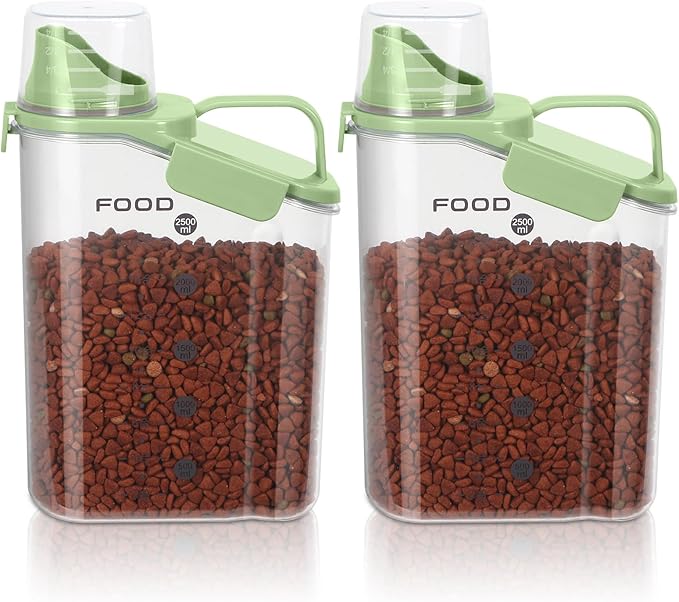 LEAWALK Airtight Small Cat Dog Pet Food Storage Containers BPA Free, with Large Pour Spout/1 Measuring Cup/ 4 Safety Locks and Double-layer Silicone Strip (Bright Green, 3L-2pack)