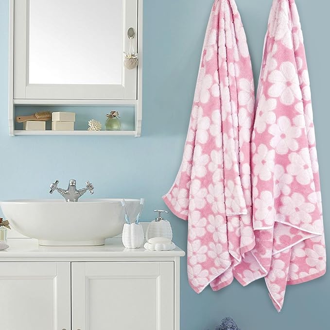 Jacquotha Pink Bath Towels Set of 2, Super Absorbent & Decorative 27.5x55 Inches, Cute Floral Jacquard Shower Towel for Bathroom Decor, Cotton