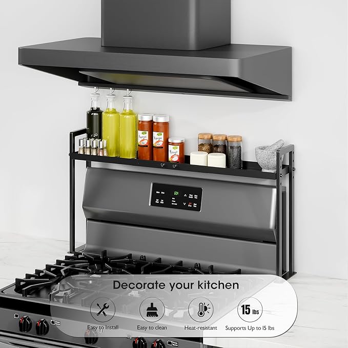Bumusty Adjustable Stove Top Shelf,Over Shelf for Stove – Expandable 4-Level Spice Rack & Kitchen Organizer, Anti-Slip Metal Construction, 27"–33" Length, 11"–14" Height, Black