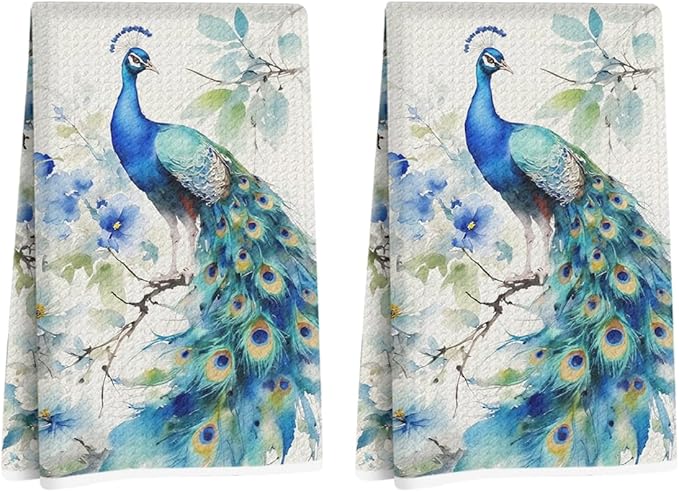 2 Pcs Peacock Kitchen Towels, Soft Absorbent Tea Hand Towel, Microfiber Dish Cloths for Drying Dishes, Waffle Dish Towels for Kitchen Bathroom Home Decor, Peacock Gifts for Women Mom