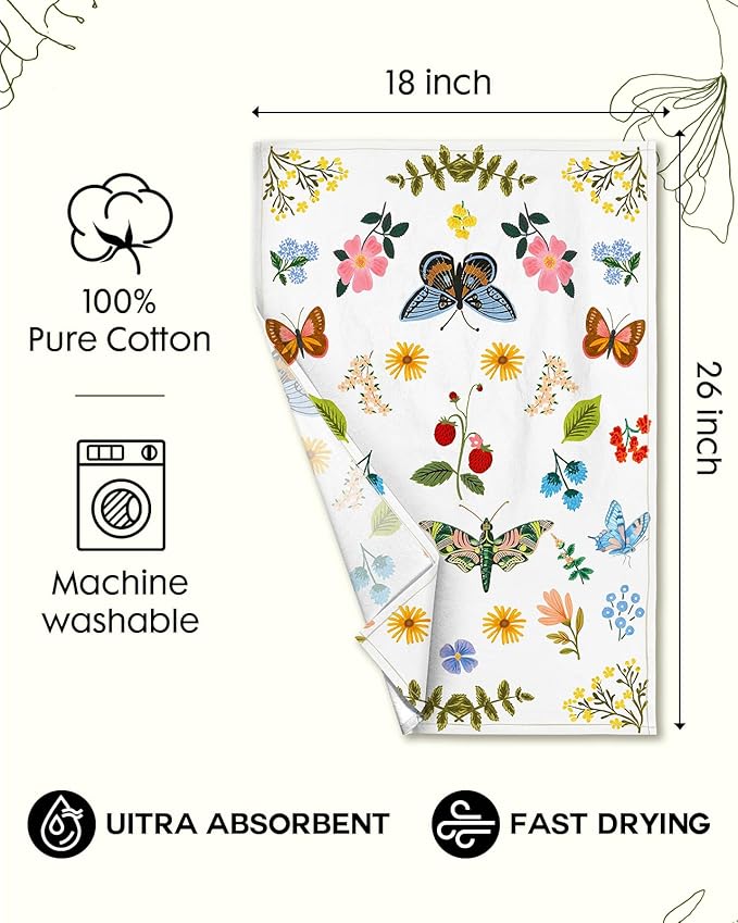 Miss Adola Flour Sack Kitchen Towels Set of 2-18x26 Cotton Dish Towels with Hanging Loop Reusable Tea Towel for Cleaning Spring Absorbent Dishcloths Cute Home Decor Housewarming, Butterfly Garden