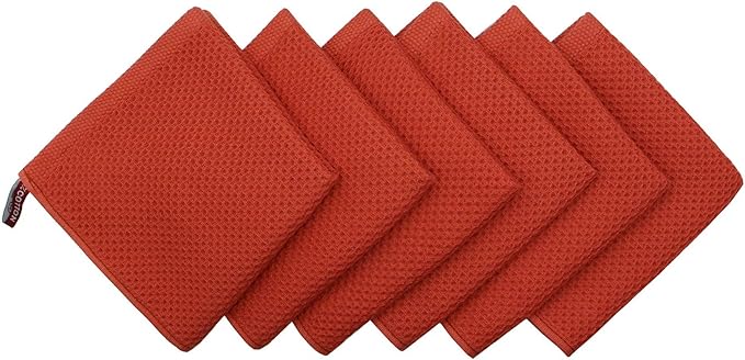 Mia'sDream Natural Cotton Waffle Weave Kitchen Tidy Dish Cloths Drying Rags Cleaning Cloth, Soft and Absorbent Kitchen Hand Towel Washcloths, 12inchx12inch 6 Pack (Brick Red)