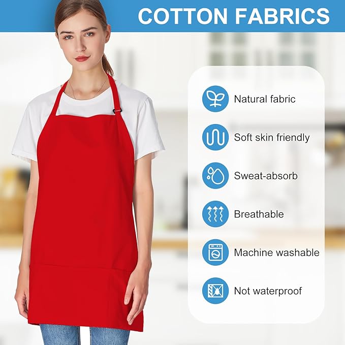Jubatus 2 Pack 3 Pockets 100% Cotton Adjustable Bib Apron Chef Kitchen Cooking Aprons for Women Men, Red