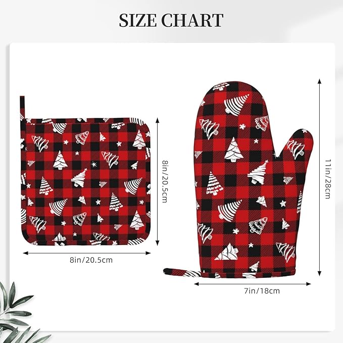 Red Gingham Plaid Christmas Tree Oven Mitts and Pot Holders Set, 4pcs Silicone Oven Glove for Kitchen Heat Resistant Oven Mitts and Potholders Non-Slip for Cooking