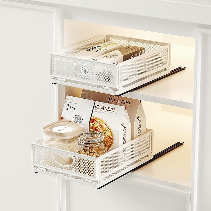 2 Pack Pull Out Cabinet Organizer, No Drill Adhesive Sliding Drawers for Kitchen, Metal Mesh Wire Storage Shelf for Pantry & Under Sink, White (9.6" W x 11.8" D x 3.9" H)