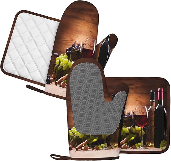 Wine Oven Mitts and Pot Holders Sets Silicone Vintage Glasses Wine Grapes Kitchen Mitts Potholders Heat Resistant 4Pcs Oven Gloves Hot Pads for Kitchen Baking Cooking BBQ Grilling